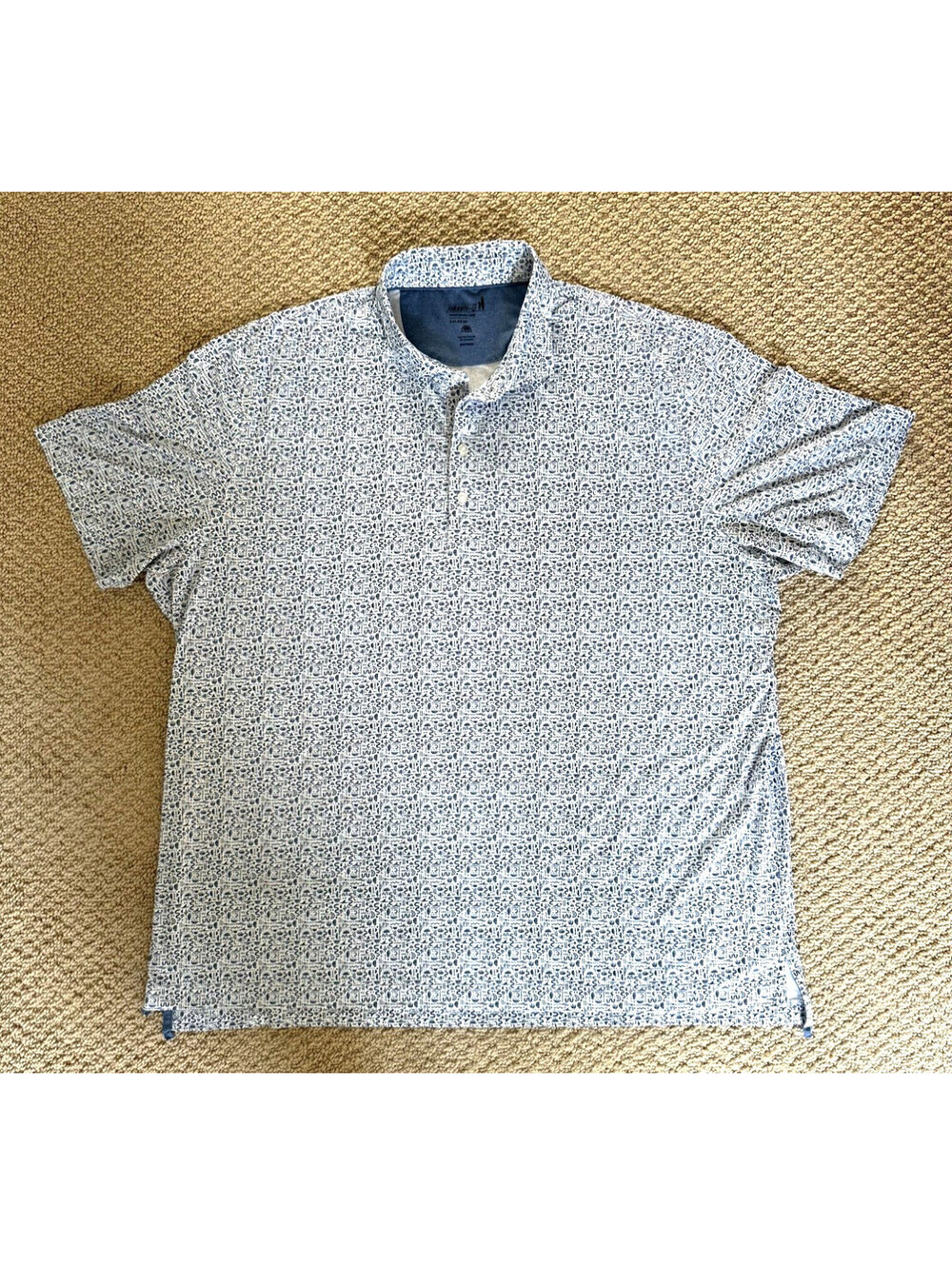 Johnnie O Performance Polo Shirt Mens XXL 2XL White Blue Print Sun Protect